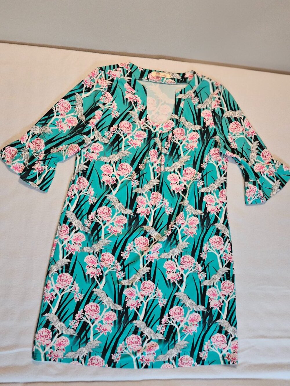 Aryeh Teal Dress Large L Asian Floral Chinoiserie Bell Sleeve Shift Stretch